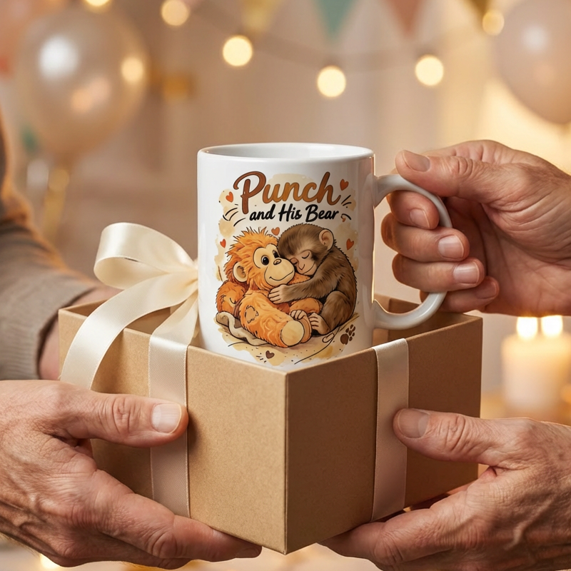 "Punch and His Bear" Cute Monkey Ceramic Mug